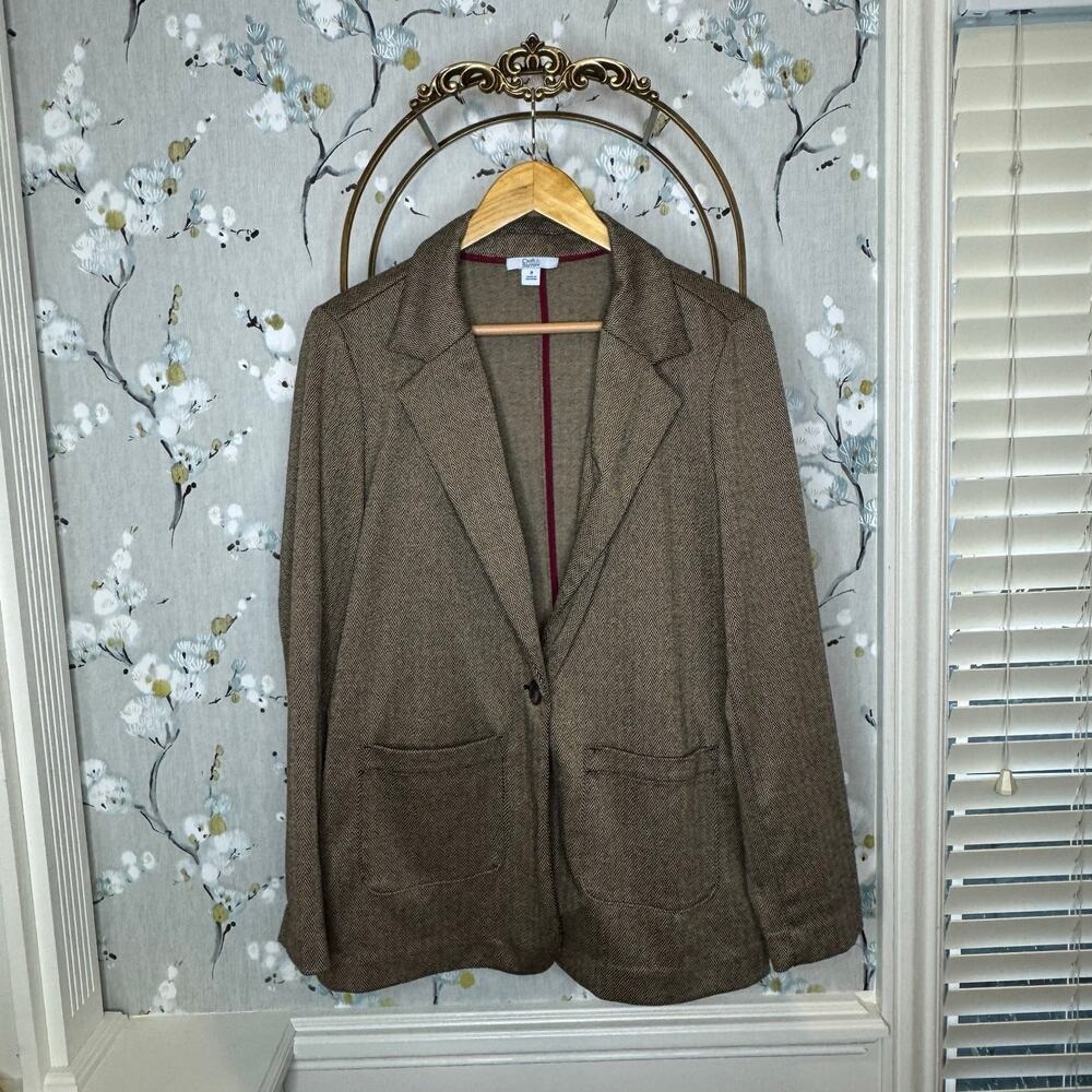 Croft & Barrow Womens Brown Herringbone Knit Blazer Jacket Size M Single Button